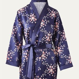 MORGAN LANE Navy Floral Allie Long Sleeve Short Silky Robe, Size S/M